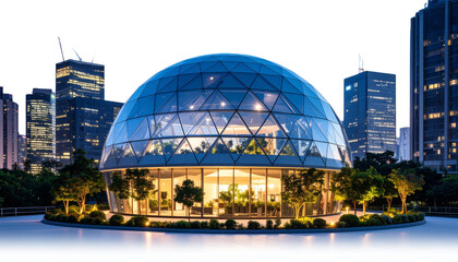 Fototapeta premium Nighttime Futuristic Urban Biodome Scene on White Background 