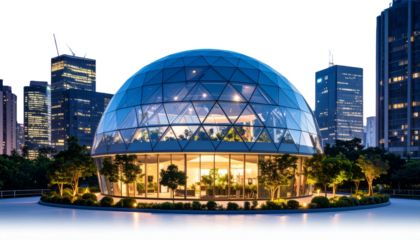 Nighttime Futuristic Urban Biodome Scene on White Background
