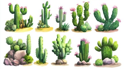 Isolated green cactus in a terracotta pot with no background, clean and sharp edges, perfect for design cutouts