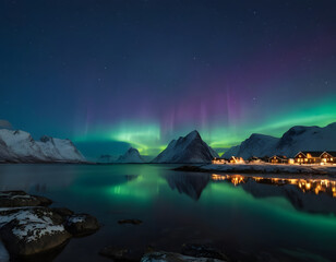 night sky fantasy background wallpaper, Aurora borealis on the Lofoten islands, Norway. Night sky with polar lights. Night winter landscape with aurora and reflection on the water surface. Natural bac