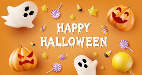 3D vector illustration render top view of happy halloween banner poster with cute ghosts, pumpkins, candy and stars on orange background. The atmosphere looks a bit spooky but still cute.