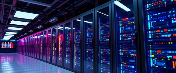 Modern server room with glowing network equipment and data center technology,  mainframe,   innovation