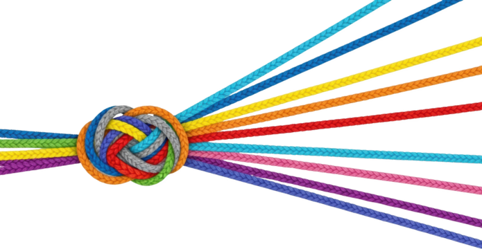 Colorful braided ropes knotted together fanning out against black Connection transparent background