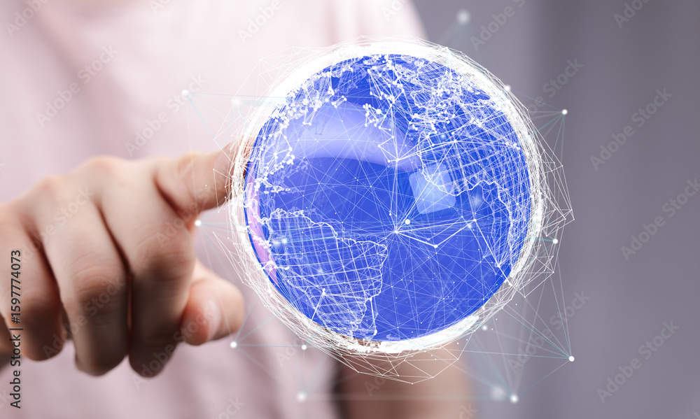 Poster hand interacting with a digital globe, showcasing global connectivity and network technology.