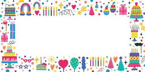 Happy Birthday banner. Greeting card. Party decoration, gift box, cake, party. Hand drawn elements. Copy space in center vector illustration