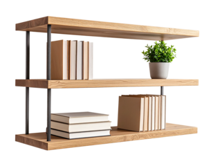 Wall-mounted floating shelf with decorative books and plant, isolated on a transparent background