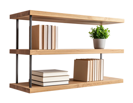 Wall-mounted floating shelf with decorative books and plant, isolated on a transparent background