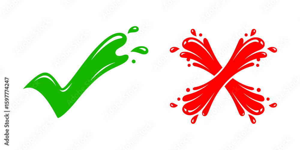 Poster green check and red cross mark with liquid paint splash effect for creative yes no decision symbol i