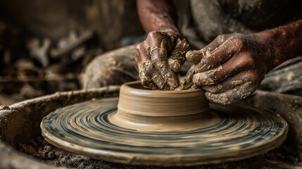 Hands shaping clay on a potter's wheel.