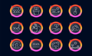 Farming set icon. Outlined icons of plants, seedlings, soil, apples, garden tools, compost, greenhouse inside glowing gradient circles on dark background.