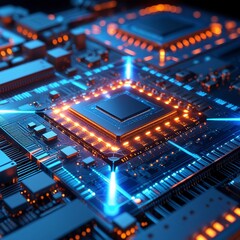 Futuristic AI chip close-up showing glowing circuits silicon pathways nano components with vivid blue and orange lighting contrast