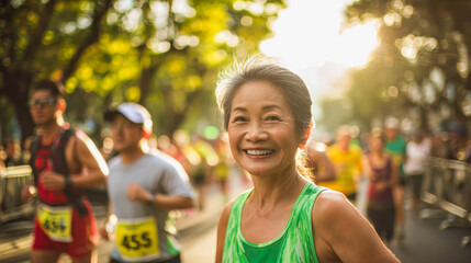Senior asian woman smiling on camera at marathon sport event with people in background - Fit elderly person outdoor - Models by AI generative