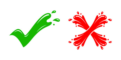 Green check and red cross mark with liquid paint splash effect for creative yes no decision symbol icon set vector illustration graphic design