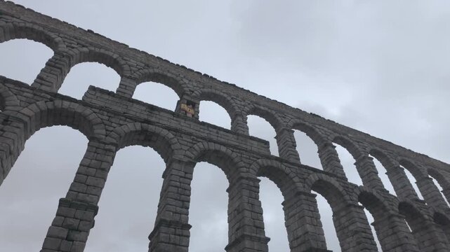 Slow motion of the Roman aqueduct of Segovia, Spain.