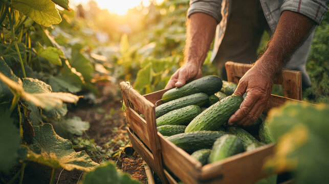 Farmer man harvesting fresh cucumbers from vegetable garden during sunset time - Farm, house garden and healthy food concept - Model by AI generative