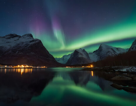 night sky fantasy background wallpaper, Aurora borealis on the Lofoten islands, Norway. Night sky with polar lights. Night winter landscape with aurora and reflection on the water surface. Natural bac
