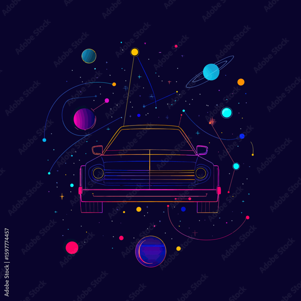 Poster abstract front view of car formed by neon lines surrounded by colorful planets and stars in cosmic s