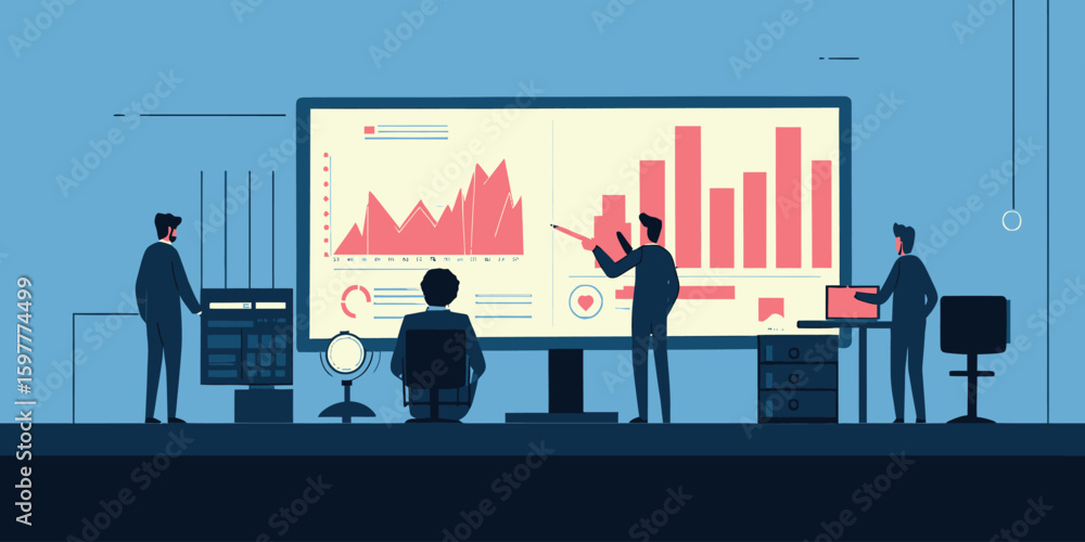 Poster business team analyzing financial data and digital graphs on large monitor in modern office environm