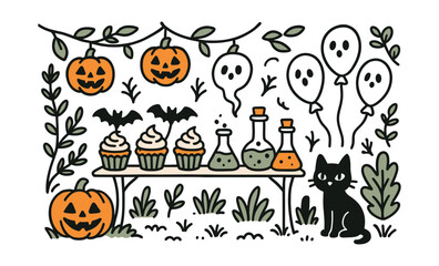 Halloween cartoon with pumpkins, ghosts, and cats in playful doodle design
