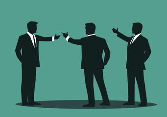 Businessmen silhouette disagreement argument confrontation with gestures in professional office setting flat vector illustration