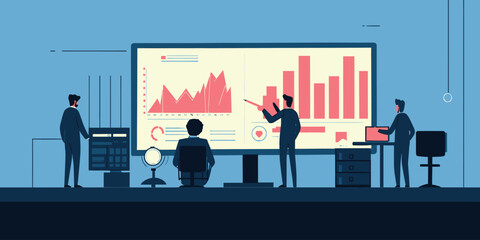 Business team analyzing financial data and digital graphs on large monitor in modern office environment flat vector illustration