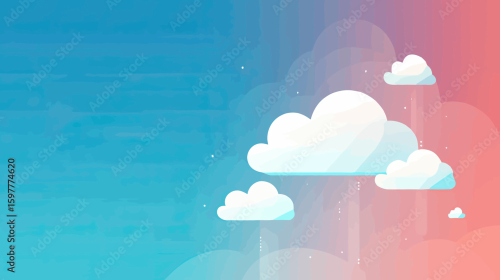 Poster minimalist flat design vector of white clouds floating on vibrant blue to pink gradient background w