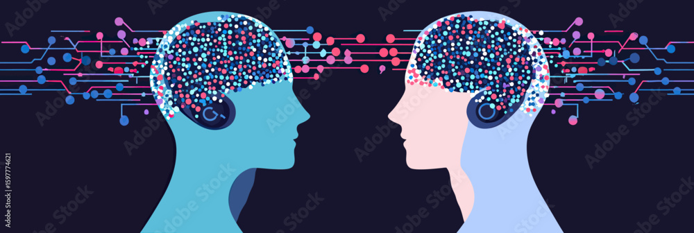 Poster abstract digital communication between two human heads with colorful neural connections and data tra