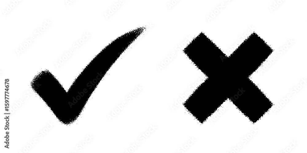 Poster black check and cross mark drawn with rough dry brush stroke texture for grunge design element symbo