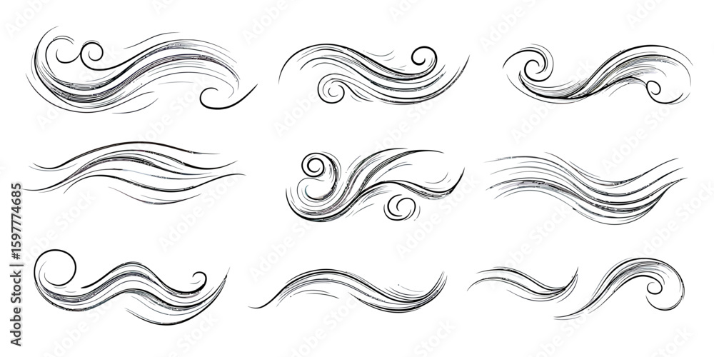 Poster Set of hand drawn wind swirl lines and air flow vector sketches with abstract motion design elements in black and white minimalist style for nature and weather concepts