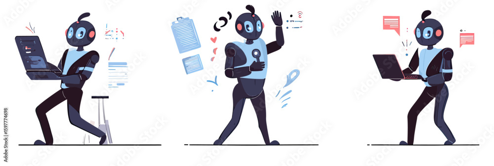 Aufkleber flat minimalist vector illustration of futuristic robot assistant using laptop and holding clipboard