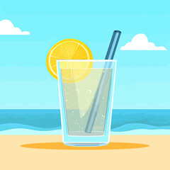 Glass of sparkling lemonade with lemon slice and straw on sandy beach with ocean waves and clear blue sky vector illustration