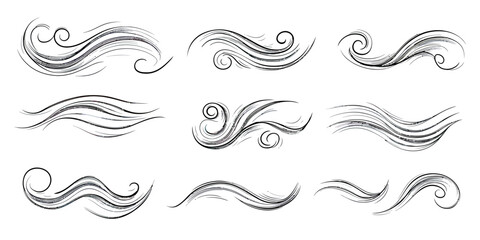 Fototapeta premium Set of hand drawn wind swirl lines and air flow vector sketches with abstract motion design elements in black and white minimalist style for nature and weather concepts