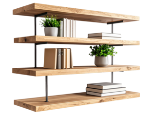 Wall-mounted floating shelf with decorative books and plant, isolated on a transparent background