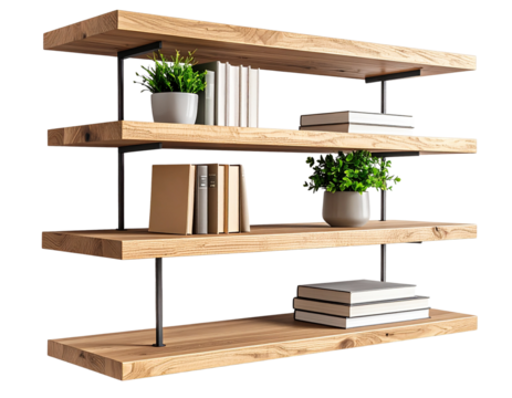 Wall-mounted floating shelf with decorative books and plant, isolated on a transparent background - Powered by Adobe