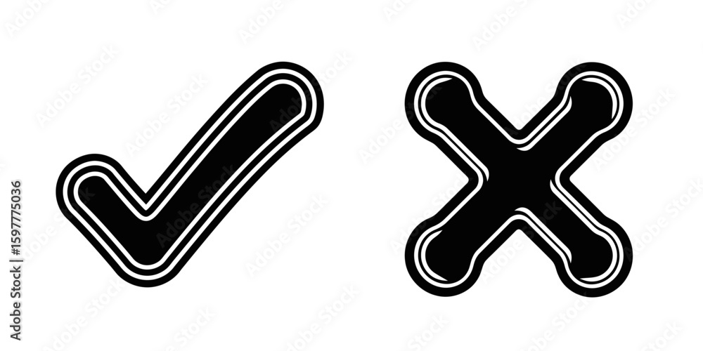 Poster black check and cross mark icon with double outline design for modern validation symbol neon style e