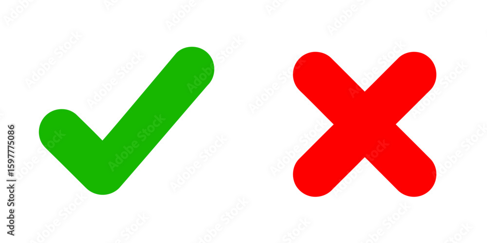 Poster glossy green check and red cross mark 3d icon set for web button design element choice vote option a