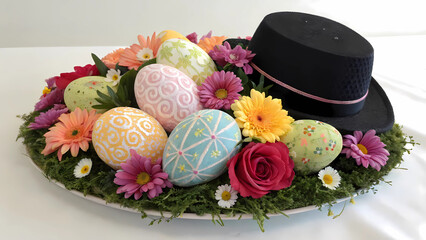 Easter egg centerpiece with flowers and hat, spring holiday decoration, floral arrangement, easter decor