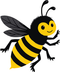 Fototapeta premium Vector art of a cheerful cartoon bee with black and yellow stripes flies happily, isolated on white background
