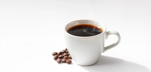 Fototapeta premium A steaming cup of black coffee isolated on white , drink, ceramic