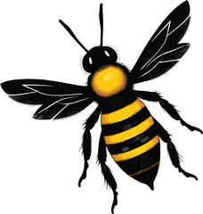 Vector art of a detailed illustration of a bee with yellow and black stripes in flight, isolated on white background