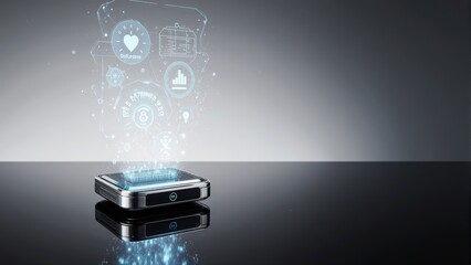Smart wearable AI device with holographic health monitoring display floating above black polished surface in minimalistic futuristic setting
