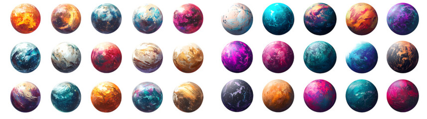 A colorful collection of digital planet illustrations, showcasing a variety of vibrant textures and designs in a sci-fi themed s