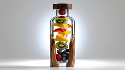 Obraz premium levitating wooden bottle floating mid-air, filled with assorted floating fruits arranged organically inside, shot in front of a seamless white background, ambient light