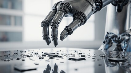 Autonomous AI-powered robotic arm precisely assembling microchips on factory floor under intense cool white lighting with metal surface reflections
