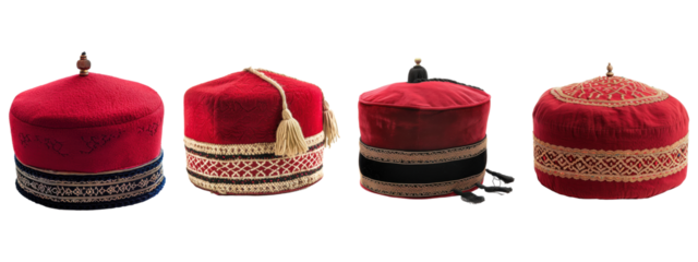 Four red fez style hats with transparent background