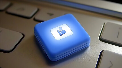 Illuminated Blue Profile Button on Silver Laptop Keyboard, Close