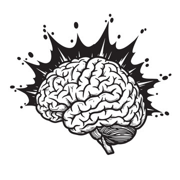Exploding brain illustration depicting idea concept in black and white vector art