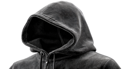 Mystery Hoodie: A close-up shot of a hooded sweatshirt, with an enigmatic and faceless presence that invites introspection and embodies anonymity, and concealing identity