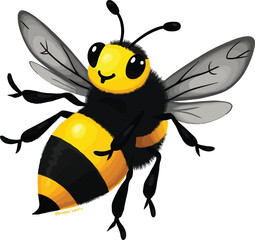 Fototapeta premium Vector art of a charming cartoon bee with vibrant yellow and black stripes, isolated on white background