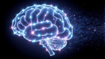 Digital brain graphic with glowing synapses and neural network connections radiating electric blue and violet light on black background